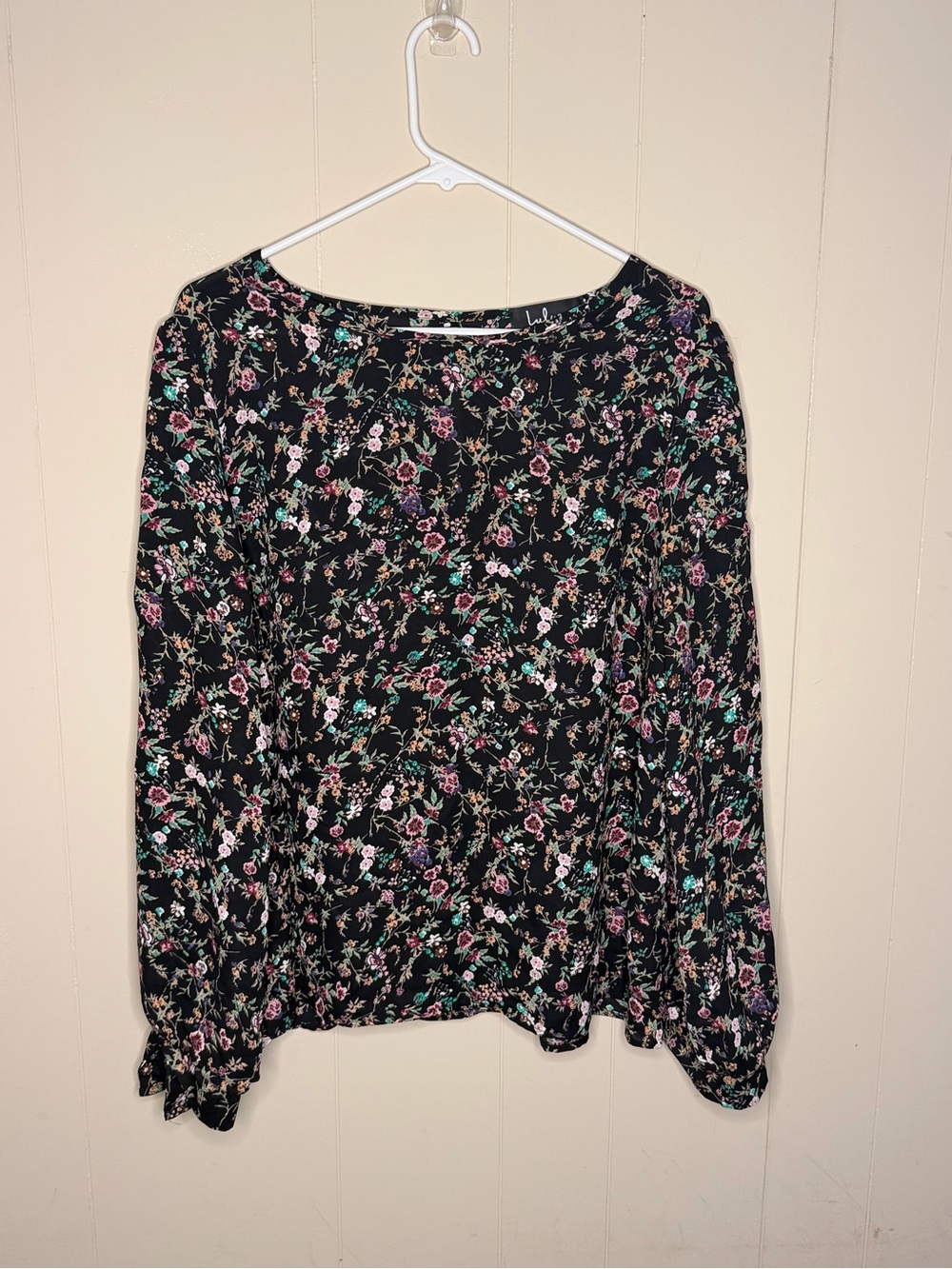Lulu's Black Floral Long-Sleeve Blouse with Pink & Teal Accents